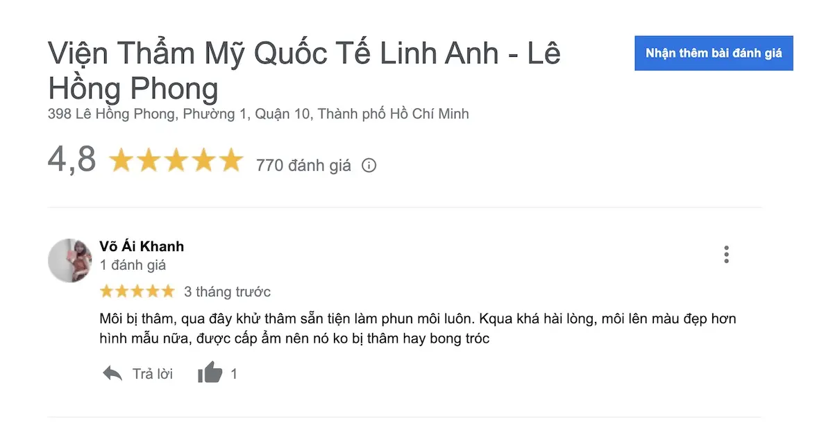 Review địa chỉ phun môi đẹp tại tphcm TMV Linh Anh - Viện thẩm mỹ quốc tế Linh Anh