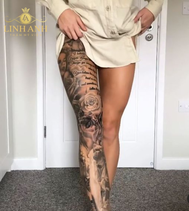 tattoo full chân hoa mẫu đơn