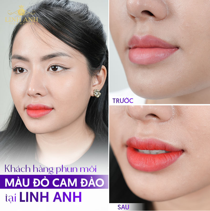 Khách hàng phun môi đỏ cam đào tại Linh Anh