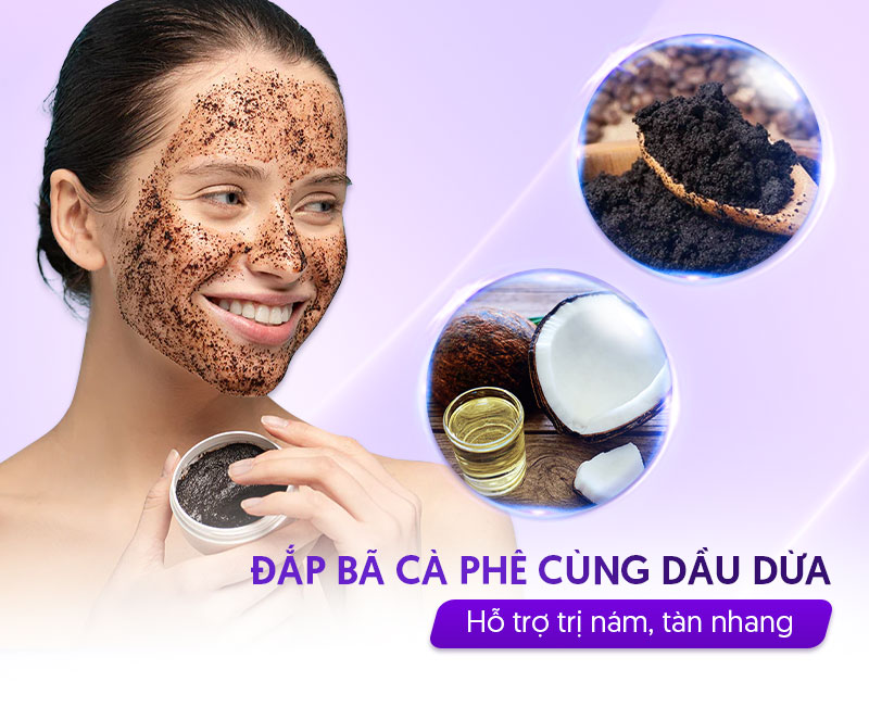 bã cà phê kết hợp cùng dầu dừa trị nám, tàn nhang