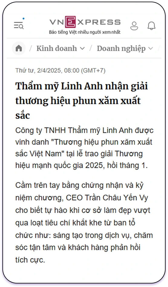 Thẩm mỹ Linh Anh nhận giải thương hiệu phun xăm xuất sắc