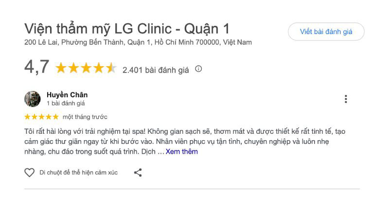 Viện thẩm mỹ LG Clinic bài đánh giá