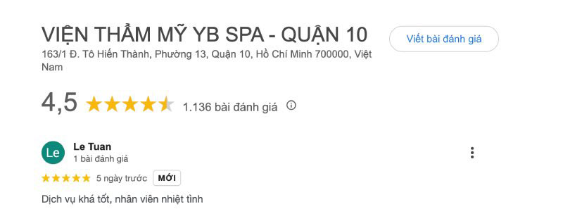 Viện thẩm mỹ YB Spa bài đánh giá