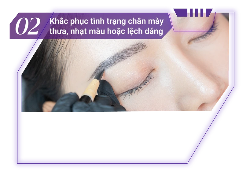 Kỹ thuật phun tán bột, phun sợi 3D/6D hiện đại giúp tái tạo từng sợi mày sắc sảo, khắc phục hiệu quả tình trạng mày không đều, mất đuôi, mờ nhạt.
