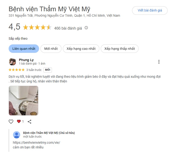review Bệnh viện Thẩm mỹ Việt Mỹ