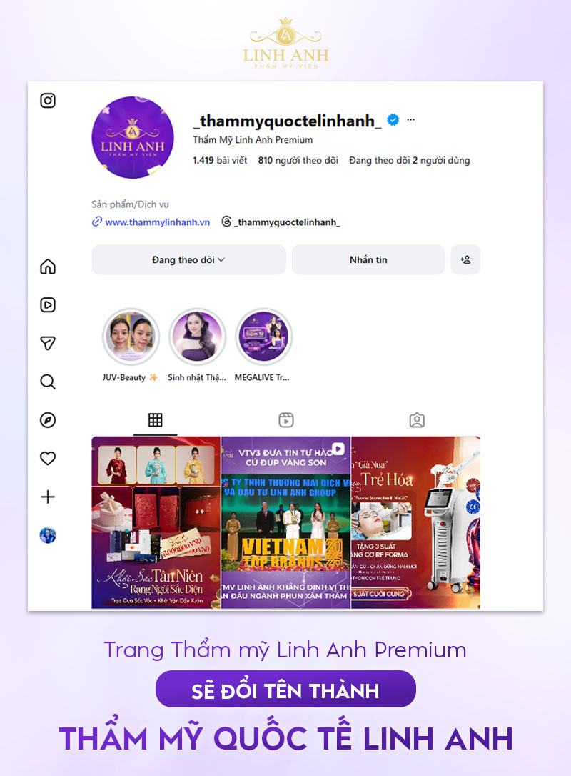Trang Instagram Thẩm mỹ Linh Anh Premium sẽ đổi tên thành Thẩm mỹ Quốc tế Linh Anh