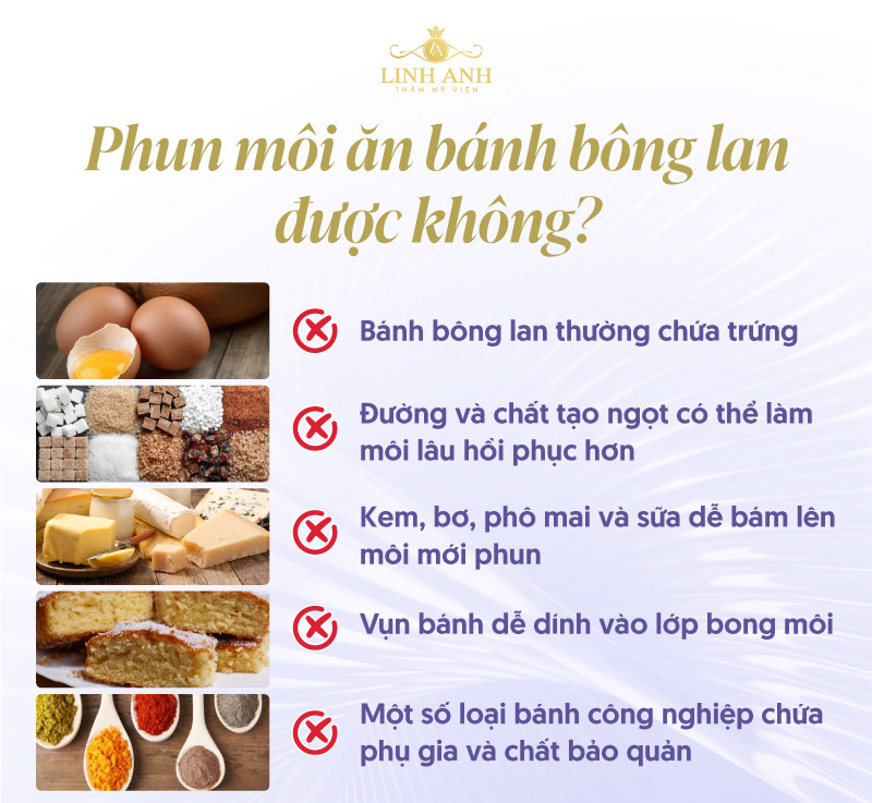 Phun môi ăn bánh bông lan được không