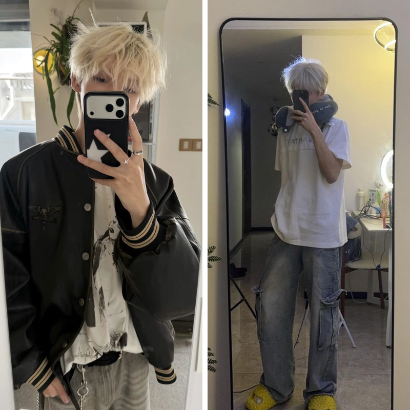 Chụp khoe oufit nam trước gương