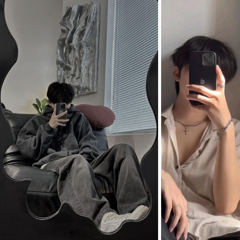 Chụp ảnh nam che mặt trước gương