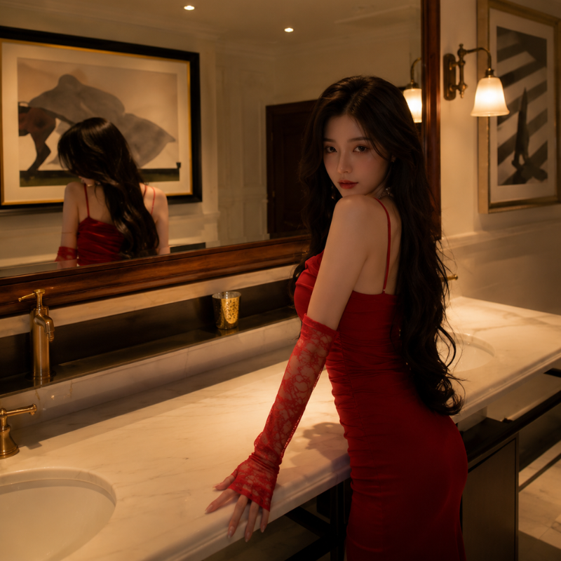Chụp ảnh trước gương nữ mặc váy dài