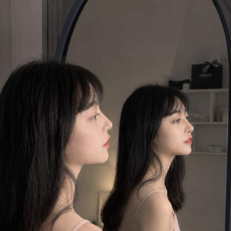 Chụp ảnh trước gương nữ góc nghiêng