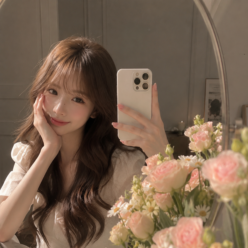 Chụp nữ trước gương cùng hoa