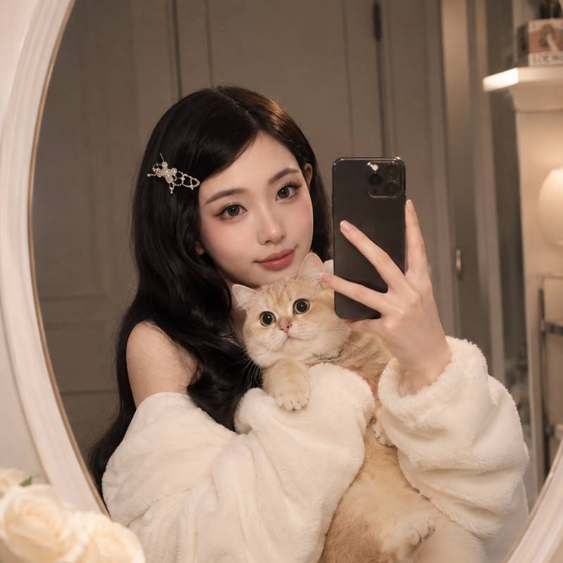 Dáng nữ chụp trước gương với thú cưng